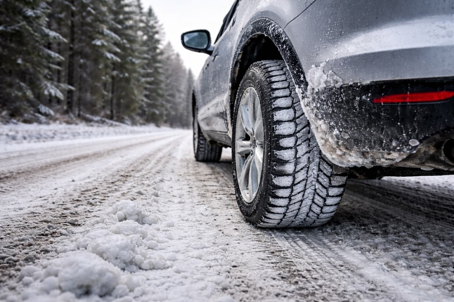 Niebezpieczne warunki drogowe. Śnieg, mróz i duże zachmurzenie