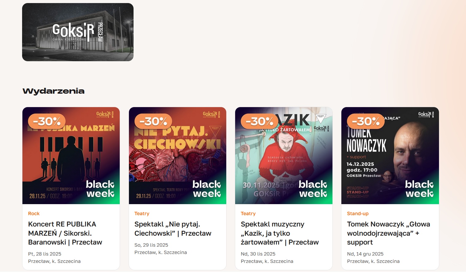 Black Week w GOKSiR Przecław. Tańsze o 30% bilety na koncerty, teatr i stand-up